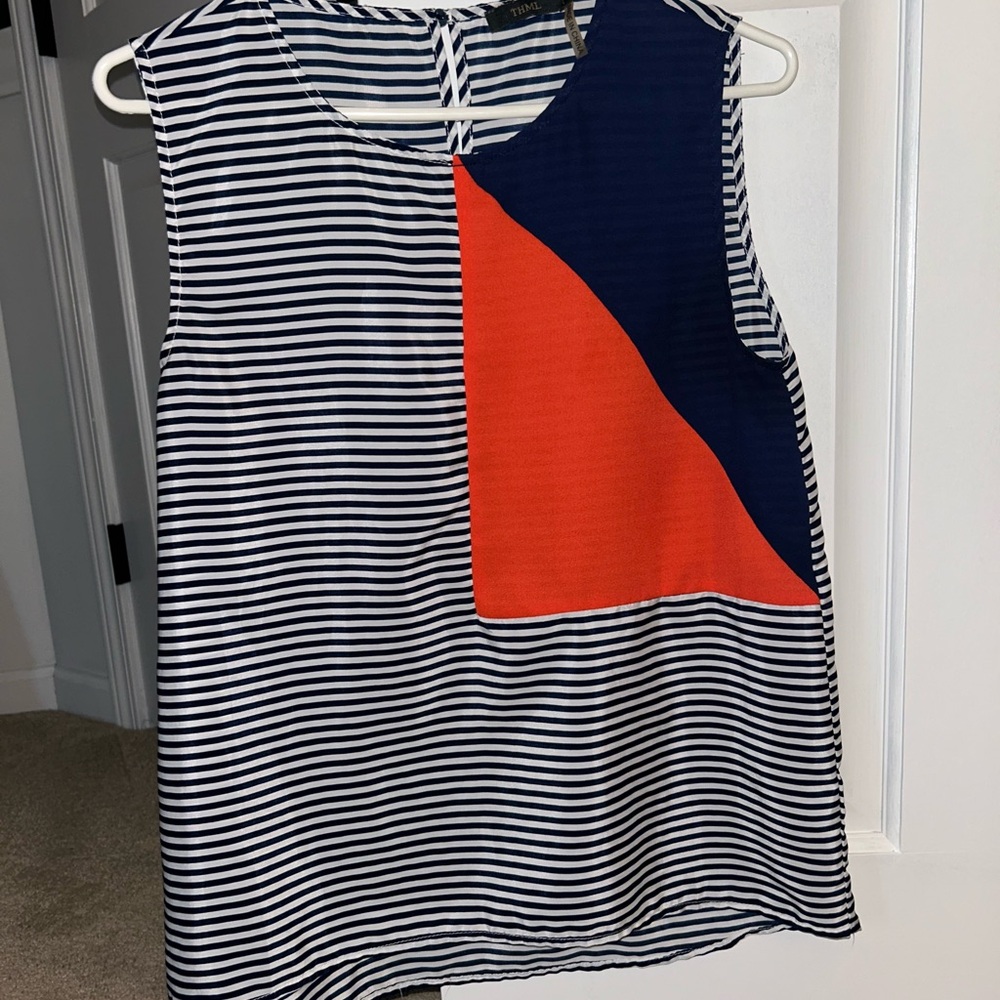 THML Navy and White Striped Top with Red Accent